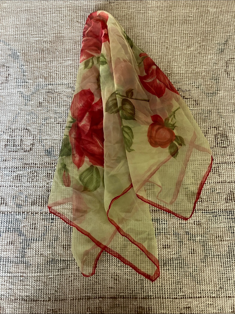 Lightweight Sheer Floral Scarf with Red Trim